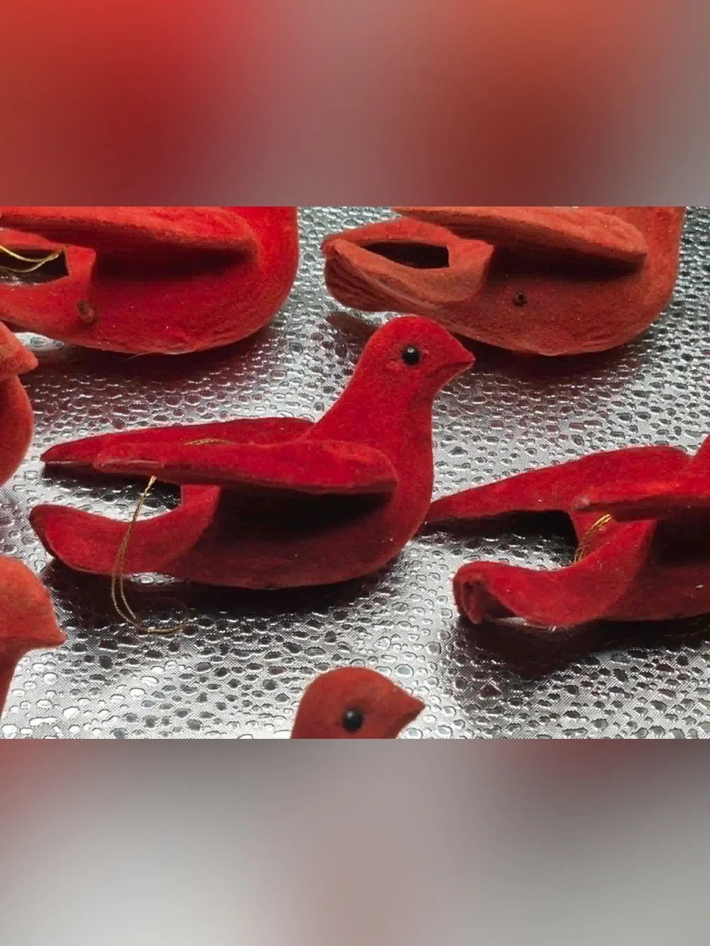 MCM Vintage Christmas Tree Ornaments Set 11 Flocked Red Felt Doves / Cardinals